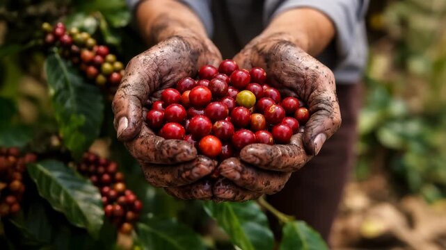 Authentic manual harvest of arabica coffee beans with a worker showing ripe red cherries in dirty hands, representing fair trade and sustainable agriculture in the coffee industry