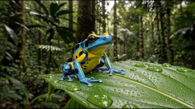 Colorful blue and yellow poison dart frog croaking on a rain leaf