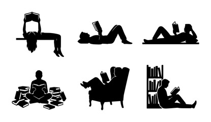 Diverse Reading Silhouettes, 6 Vector Icons: People Enjoying Books in Various Poses, Literary Lifestyle Collection © osman