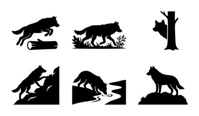 Fototapeta premium Wolf Silhouettes Collection, Wildlife Vector Icons, Forest Animal Graphics, Nature Scene Elements, Hunting Predator Art