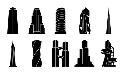 Modern Skyscraper Silhouettes, Diverse Architectural Styles, Urban Cityscape Icons, Contemporary High-Rise Buildings Collection © Arafat