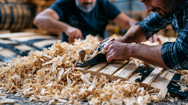 Cooperage apprentice learning to use a downright plane on the bilge curve of a whiskey barrel stave, master cooper guiding hand position from behind, shavings covering workshop floor, traditional cr