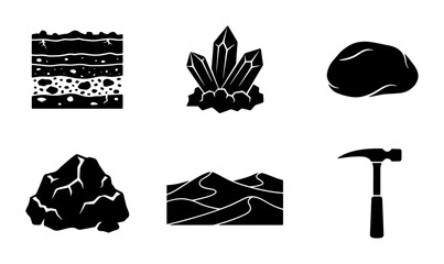 Geology Icons Set: Earth Layers, Crystals, Rocks, Minerals, Sand Dunes, Hammer for Science and Education © osman