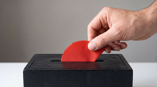 Hand dropping red ballot paper into voting box