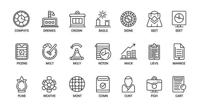 A collection of various business-related icons and symbols are shown in a grid.