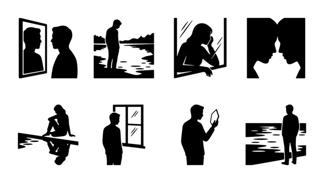 Silhouette Collection: Self-Reflection, Contemplation, and Inner Thoughts, Vector Icons for Mental Health and Personal Growth Concepts