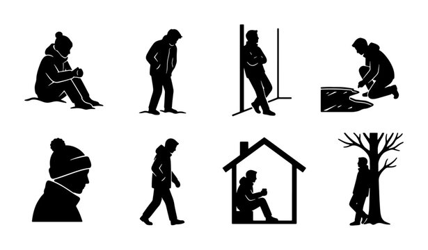 Collection of 8 Black Silhouette Icons Depicting Solitude, Sadness, and Isolation, Vector Graphics for Social Commentary and Mental Health Themes