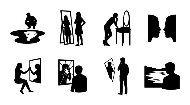 Self-Reflection Icons, Mirror Metaphors, Identity Concepts, Silhouette Figures, Psychological States, Vector Set