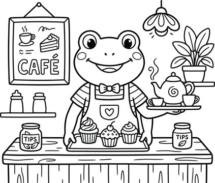 Cute cartoon frog barista in cafe serving cupcakes and tea vector line art.