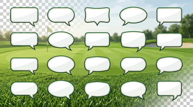 Collection of blank speech bubbles on a green grassy field background.