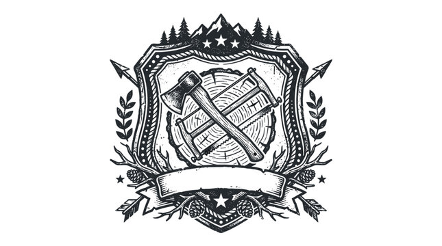 Shield crest with crossed axes and mountain peaks.
