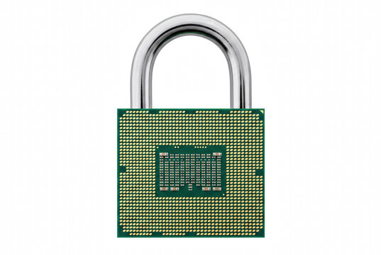 Computer CPU Processor and Padlock Concept for Cybersecurity and Data Protection