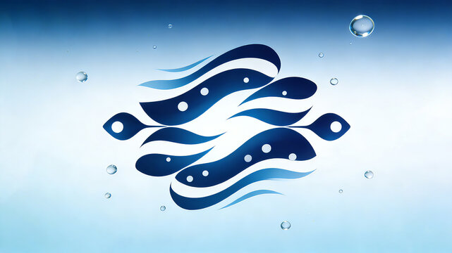 Deep sea blue streamline fish shoal with transparent water light bubbles represents the concept of deep sea roe repairing essence, tightening light lines, filling and drying skin care

