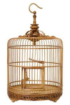 Ornate Golden Vintage Birdcage With Hanging Hook And Intricate Metal Bars On Transparent Background