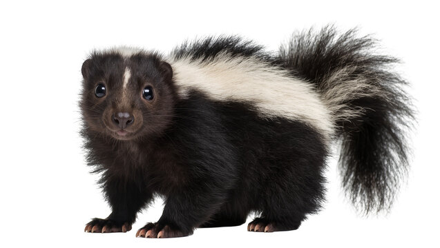 Baby skunk with black and white fur standing