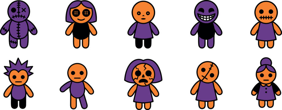 Set of cute halloween voodoo dolls and spooky character icons with halloween character collection illustration seasonal mystical