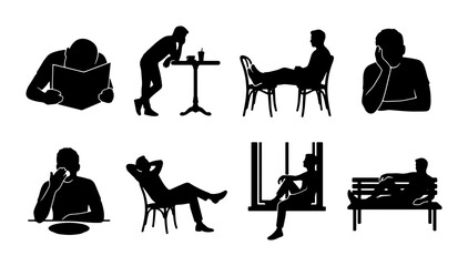 Fototapeta premium Silhouette Figures: Relaxing Poses, Casual Activities, Vector Icons for Lifestyle and Leisure Scenes