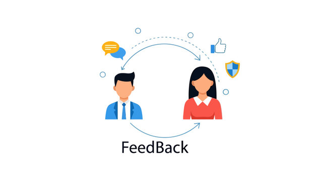 Man and woman customer feedback loop with icons.