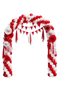Red And White Balloon Arch With Hanging Streamers And Floral Decorations On Transparent Background