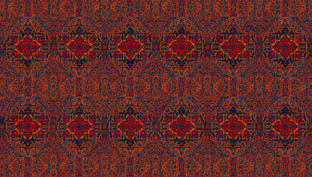 Intricate repeating pattern with red and blue diamond motifs on a textured orange and brown background, resembling traditional textile art.