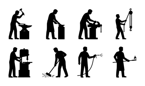 Blacksmithing and Metalworking Silhouettes: 8 Industrial Craftsmanship Icons for Manufacturing and Heavy Industry Concepts