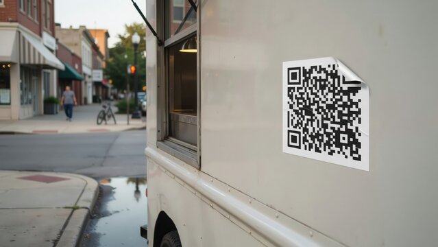 A QR code sticker attached to the side of a food truck parked on a city street.
