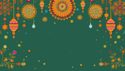 Vibrant green background with ornate orange and yellow mandala patterns, hanging lanterns, and floral decorations, creating a festive cultural design. © Wig