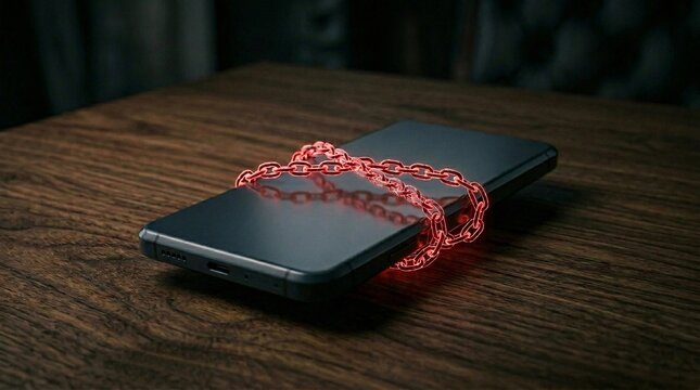 Close up of a generic smartphone bound by a glowing neon red chain on a dark wooden table symbolizing digital addiction and the dopamine trap of social media on mental health