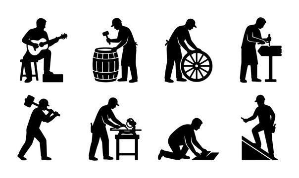 Craftsman Silhouette Icons: Guitarist, Cooper, Wheelwright, Sculptor, Woodworker, Carpenter, Builder, 8 Vector Set for Manual Labor and Artistic Professions