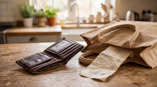 Empty brown leather wallet lies on rustic wooden kitchen counter next to hessian shopping bag with crumpled receipt, illustrating reality of household expenses and managing finances after grocery trip