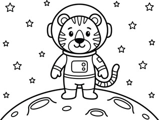 Little tiger astronaut standing on moon surface under starry sky coloring page for kids. © Saikat's