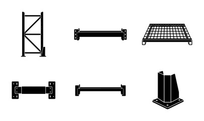 Industrial Warehouse Storage Racking Components, Pallet Rack Beams, Uprights, and Decking Elements, Black Silhouette Vector Set © tasfiya