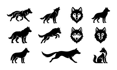 Obraz premium Wolf Silhouettes Collection, Wild Animal Vector Icons, Canine Graphics for Nature and Wildlife Designs