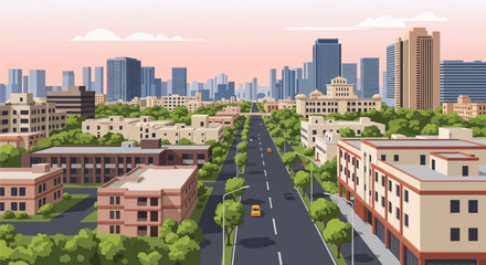 Fototapeta premium Vector illustration of a modern city landscape featuring a central multi-lane road with cars, green street trees, low-rise buildings, and a dense skyscraper skyline under a pastel pink evening sky.