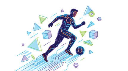 Fototapeta premium Athlete runs with a soccer ball through a digital landscape filled with floating geometric shapes and circuit patterns.