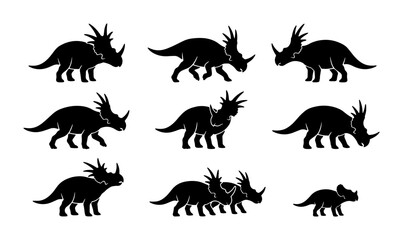 Triceratops Dinosaur Silhouettes Collection, Prehistoric Reptile Vector Icons, Ancient Creature Graphics, Jurassic Era Wildlife Illustrations, Set of 9 Black and White Icons © Sayem