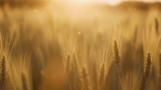 Close Up Golden Wheat Field Swaying in Sunlight with Drifting Particles