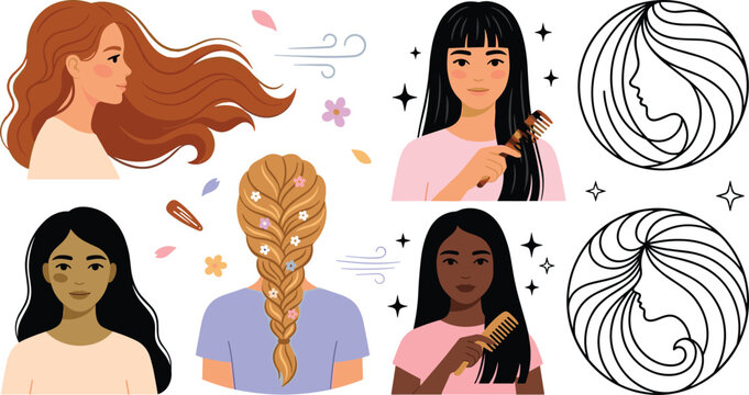 Hair Care and Styling Vector Illustration Set with Diverse Women Braids Brushing Long Hair and Abstract Beauty Salon Logo Badges