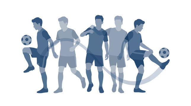 Soccer players demonstrate a sequence of ball handling skills through a series of blue-toned silhouettes.