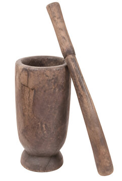Rustic Antique Wooden Mortar And Pestle For Grinding Herbs And Spices Isolated On Transparent Background