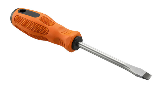 Close-up of a professional slotted screwdriver with a wooden handle on a white background