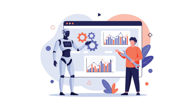 Human technician and robot working together on data analysis and technical tasks representing future of automation and AI.