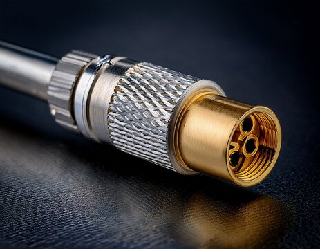 extreme close up of a silver xlr connector with gold pins on a dark textured surface