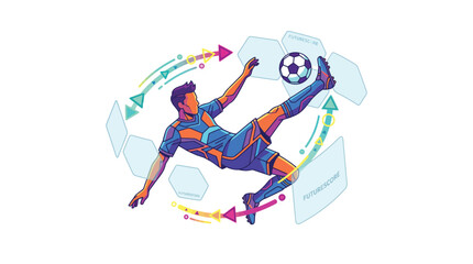 Fototapeta premium Soccer player performs an impressive mid-air kick while surrounded by rotating digital panels that symbolize the tactical analysis of professional match play.