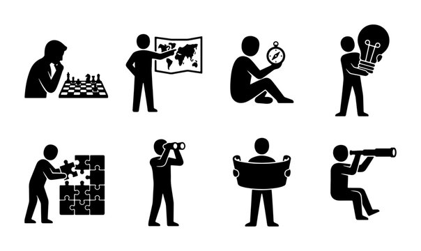 Strategy and Vision Icons: Chess, Map, Compass, Lightbulb, Puzzle, Spyglass, Blueprint, Telescope - Business Concept Vector Set