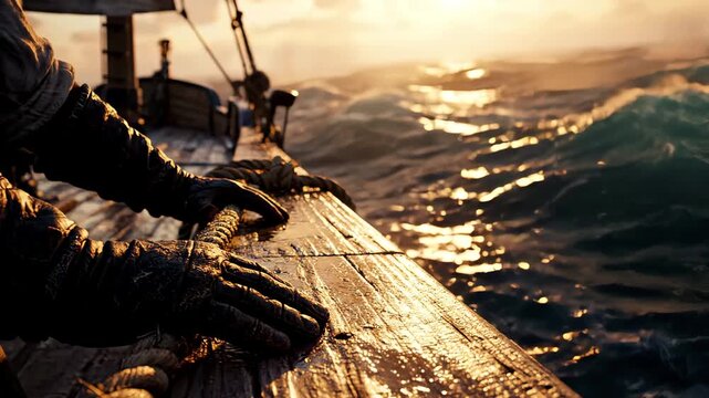 Vintage wooden sailing ship on rough ocean waves, sailor hands in leather gloves holding rope, cinematic maritime adventure at sunset