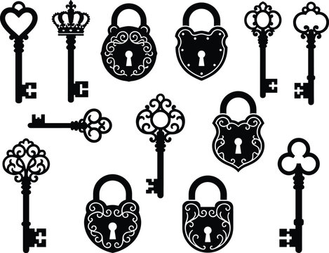 Vintage key and padlock collection antique old secret lock decorative filigree elements black silhouettes isolated icons set