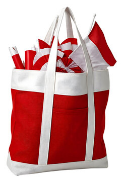 Red And White Festive Gift Shopping Bag With Ribbon Bow And Handles Isolated On Transparent Background
