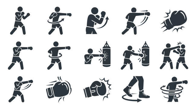 Black silhouette stick figure icons fighting.