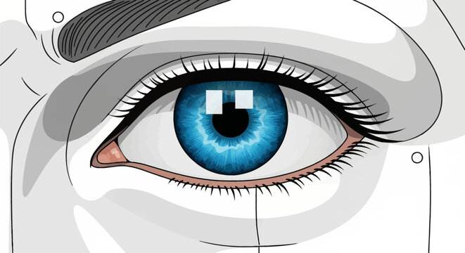 Detailed vector illustration of a humanoid robotic eye featuring a bright blue iris, black eyelashes, and mechanical facial lines. Close-up digital art of artificial intelligence vision.